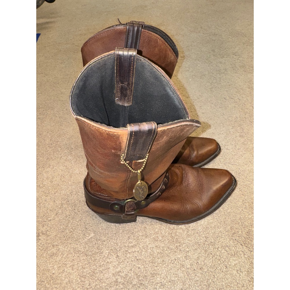 Mens "Sage" Leather Harness Boots Pointed Toe Western Biker Mid Calf Pull On